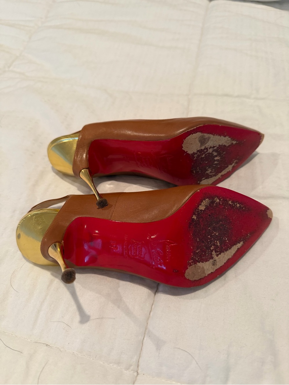 Christian Louboutin Tan Leather Pointed-Toe Slingback Pumps with Gold Heel - Picture 9 of 9